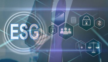 ESG simge kavramı, çevre, toplum ve sürdürülebilir sektörde iyi yönetim kavramında sanal ekran görüntüsü ve ağ üzerinde etik.