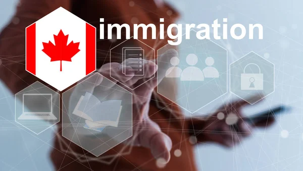 以虚拟按钮按下进入加拿大的移民概念 — 图库照片