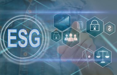 ESG simge kavramı, çevre, toplum ve sürdürülebilir sektörde iyi yönetim kavramında sanal ekran görüntüsü ve ağ üzerinde etik.