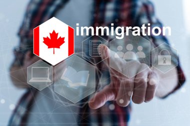 Concept of immigration to Canada with virtual button pressing. clipart