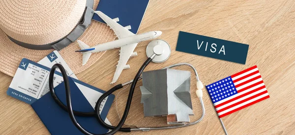 Flag United States Passport Toy Airplane Wooden Background Flight Travel — Stock Photo, Image