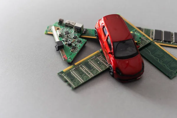 Toy Cars Electronic Board Integrated Circuits Shortage Microchips Semiconductors Creates — Stockfoto