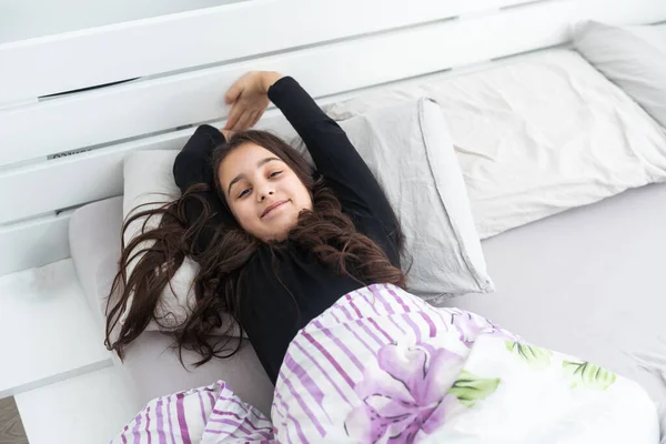 Teenager Child Girl Daydreaming Bed Dreaming Kids Concept Happy Teen — Stock Photo, Image