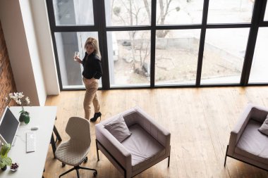 Young Happy Businesswoman Using Computer in Modern Office with Colleagues. Stylish Beautiful Manager Smiling, Working on Financial and Marketing Projects.