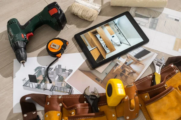 Computer Tablet Showing Apartment Illustration Sitting House Plans Tools — Stock Photo, Image
