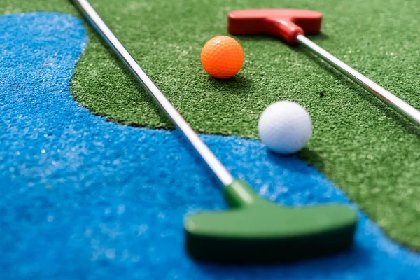 Mini Golf Clubs Balls Different Colors Laid Artificial Grass — 스톡 사진
