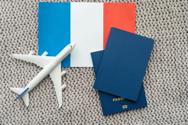 Flag France Passport Toy Airplane Wooden Background Flight Travel Concept — Stockfoto