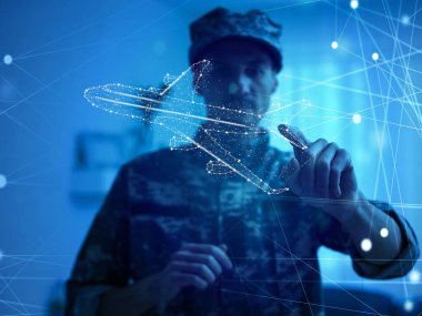 Jet Motor Artırılmış Gerçeklik Hologramı. Teknolojik Uçak Geliştirme Tesisinde Uzmanlar