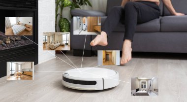 Modern oturma odasının arka planında robot süpürge zemininde akıllı ev uygulaması
