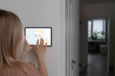 Denetim ev bağlantısı arabirimi için akıllı telefon kullanan kadın.
