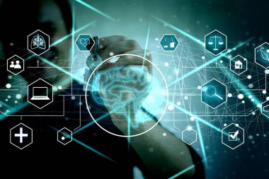 İş teknolojisi, IoT Internet of Things, yazılım geliştirme konsepti. İşadamı, dijital tablet, dizüstü bilgisayar üzerinde çalışıyor. Programcı mobil uygulamalar geliştiriyor. Web simgeleri, bilgisayar kodu