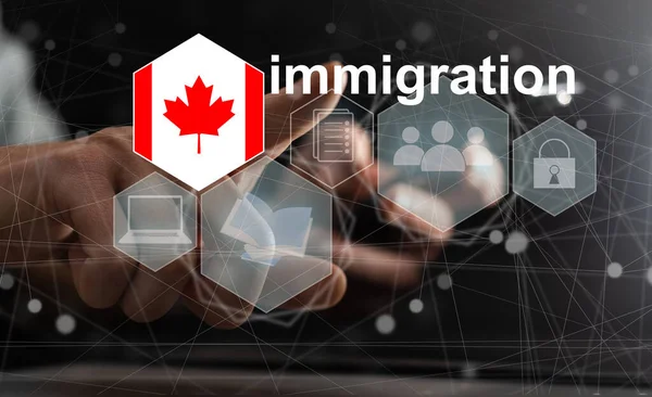 stock image Concept of immigration to Canada with virtual button pressing.