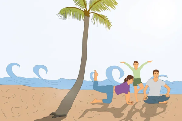 Familie Aan Het Strand Palmbomen Achtergrond — Stockfoto