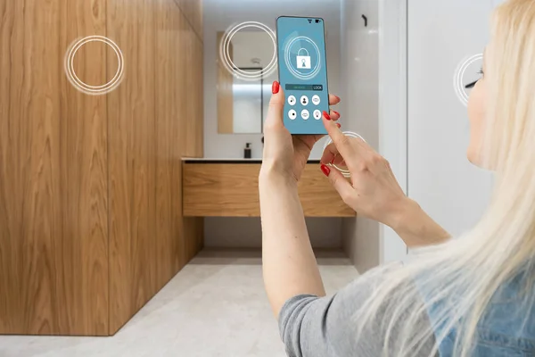 Smart Home Automation App Smartphone Hold Female Hand Home Interior — Stock Photo, Image