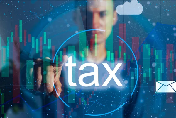 タッチスクリーンの手スキャン税金の支払いのためのオンライン個人所得税のアイコン 州税だ 政府のデータ分析文書 金融研究税申告計算 — ストック写真