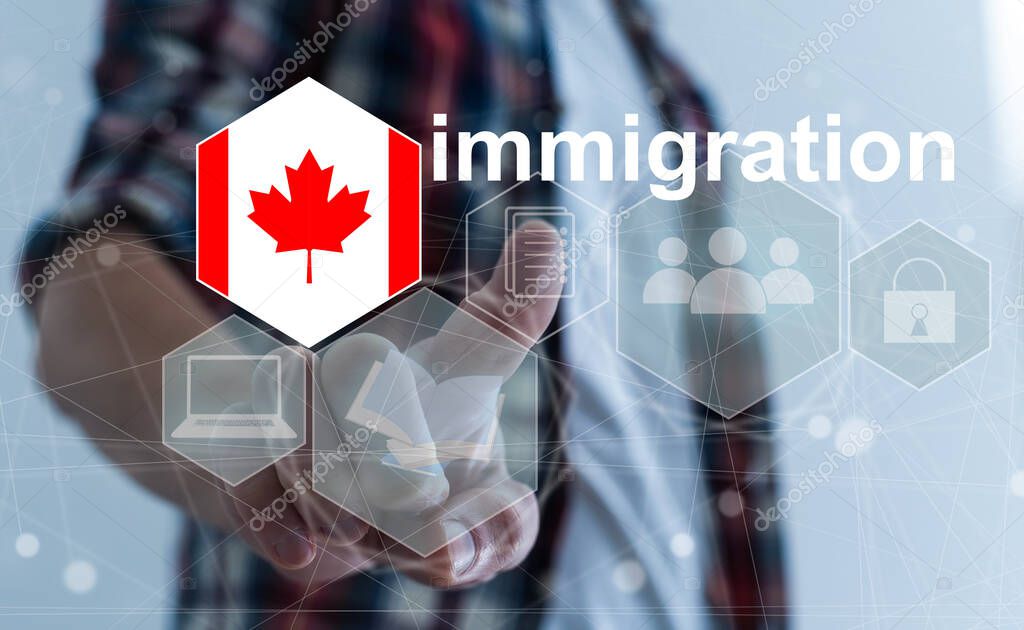 Concept of immigration to Canada with virtual button pressing.