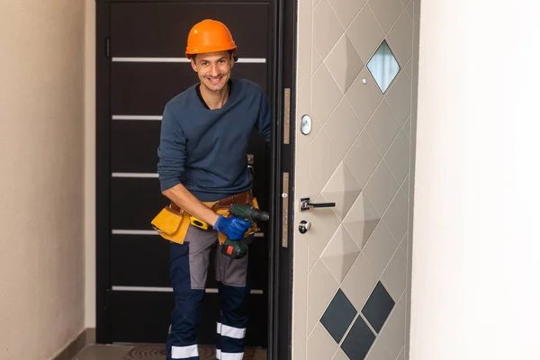 Drilling Installation Interior Doors Craftsman Makes Hole Door Frame Hand — Stok Foto