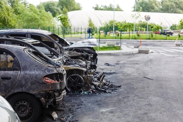 Two Cars Fire Two Burned Out Cars Open Hood Arson — Stock Photo, Image
