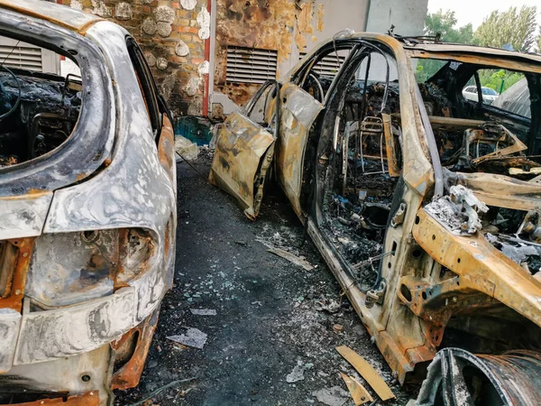 Two Cars Fire Two Burned Out Cars Open Hood Arson — Stock Photo, Image
