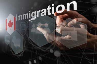Concept of immigration to Canada with virtual button pressing. clipart