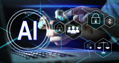 Doktor sanal ekranda yapay zeka simgesi ile kalbi temsil ediyor. Fütürist tıp, dünya yardımı ve gelecek. Kalp üzerinde teknolojik ameliyat. Sağlık hizmetlerinde modern yenilikçi bilgi teknolojisi.