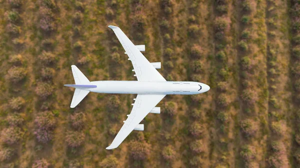 Plane Flies Landscape Side View Aircraft Travel Transportation Concept — Stock Photo, Image