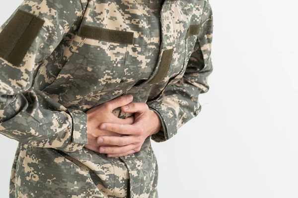 Young Hispanic Man Wearing Camouflage Army Uniform Hand Stomach Because — Stok fotoğraf