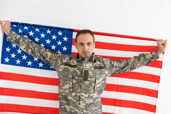 Amerikanischer Soldat Mit Fahne Offizier Tarnuniform Konzept Von Militär Armee — Stockfoto