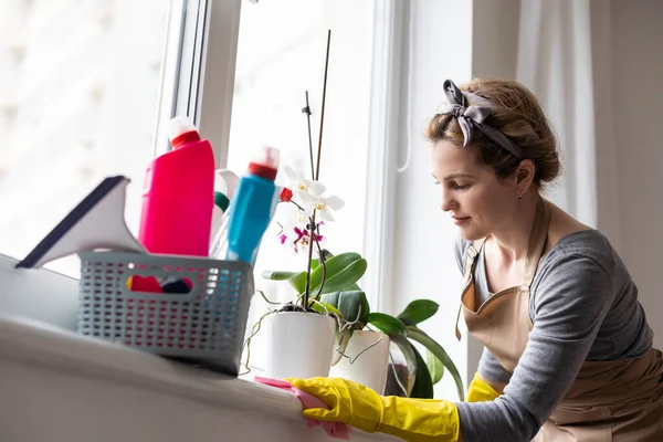 Praca Domowa Weekend Młoda Piękna Kobieta Sprząta Przytulnym Salonie Domu — Zdjęcie stockowe