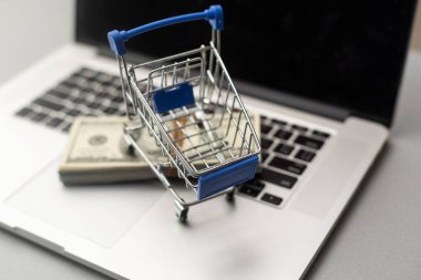 Banknote in mini shopping cart on white table with keyboard computer background