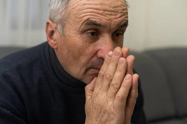 Worried Religious Senior Man Praying God His Hands Raised Touching — Stock Photo, Image