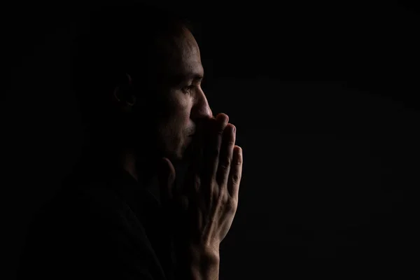 Close Faithful Mature Man Praying Hands Folded Worship God Head — Stock Photo, Image