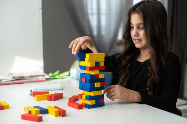 Little Happy Girl Playing Board Game Jenga Table Construction Tower — Photo