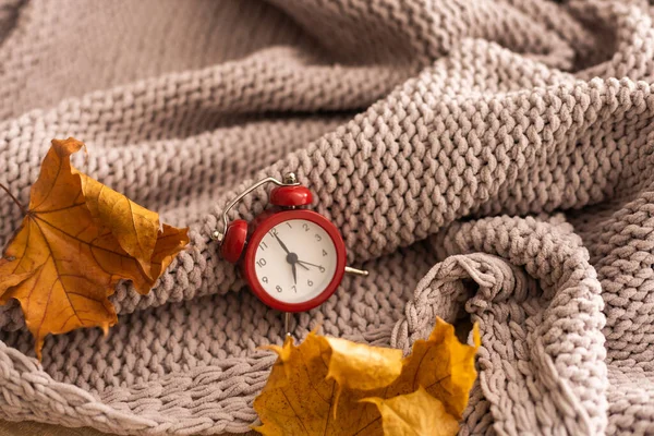 Clock Alarm Scarf Autumn Maple Leaves Marble Background Autumn Composition — Stock Photo, Image