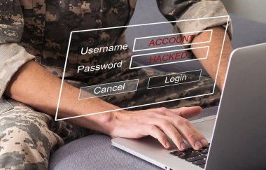 İnternet ağ güvenlik teknolojisi çevrimiçi bilgisayar sistemi ve sanal ekran arayüzleri olan bilgisayardaki çalınan kişisel bilgilere yayılıyor. Siber güvenlik kavramı.