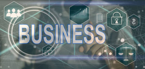 Business Concept Businessman Pressing Button Virtual Screen — Stock Photo, Image