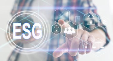 Sanal ekran. ESG çevresel sosyal yönetim kavramı. İş stratejisi.