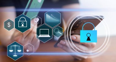 İş adamları kişisel bilgi sistemine sanal ekran girişi olan tablet bilgisayar kullanıyorlar. Siber güvenlik, veri koruma konsepti. Teknoloji geçmişi.