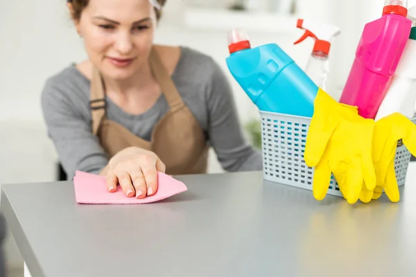 Weekend Homework Young Pretty Woman Cleans Cozy Living Room Home — Stock Photo, Image