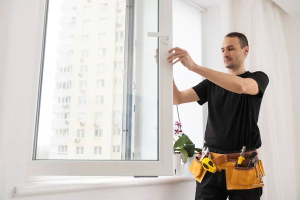 Worker Adjusting Installed Window Screwdriver Indoors Closeup High Quality Photo — Stock Photo, Image