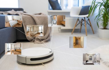 İnsanlar, ev işleri ve teknoloji konsepti. Robot elektrik süpürgesi