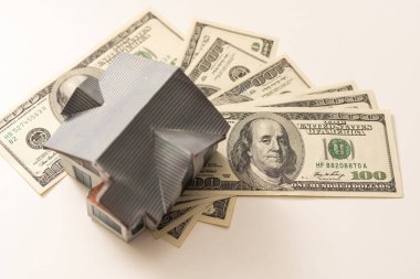 Beyaz arka planda bir dolarlık oyuncak evi..