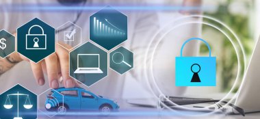 veri güvenliği ve şifreleme, kullanıcı kişisel verilerine güvenli erişim, güvenli internet erişimi, siber güvenlik. Sanal ekranda bir simgeye dokunan işadamı, siber güvenlik kavramı.