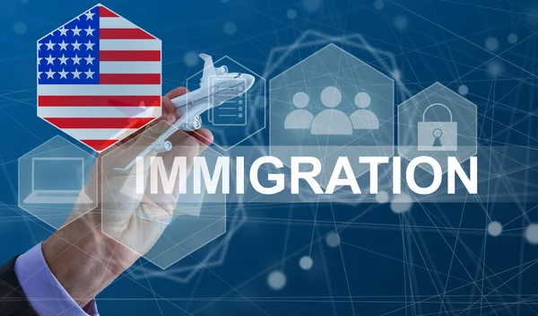 Concepto Inmigración Los Estados Unidos América Hombre Presionando Botón Virtual —  Fotos de Stock
