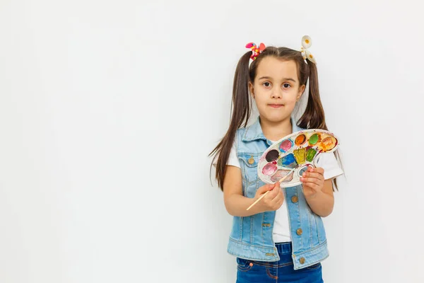 Artist Isolated Background Little Girl Paints Her Hands Childrens Creativity — Fotografia de Stock
