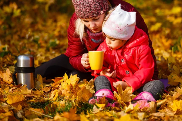 stock image Mom and her daughter spending weekend, picnic in the autumn forest together. Mother and child relations