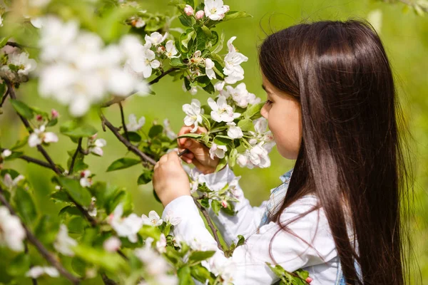 Retrato Uma Menina Sorridente Perto Uma Árvore Com Flores Brancas — Fotografia de Stock