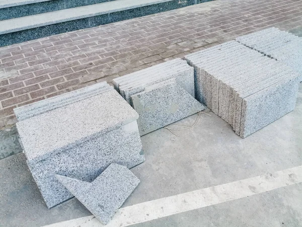 stock image Stairs in Construction Building. Concrete Stairs. Staircase under construction. Unfinished building. Stairway Construction. Brick wall.