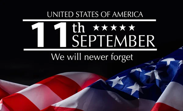 Text Never Forget 9. 11 with United States flag.