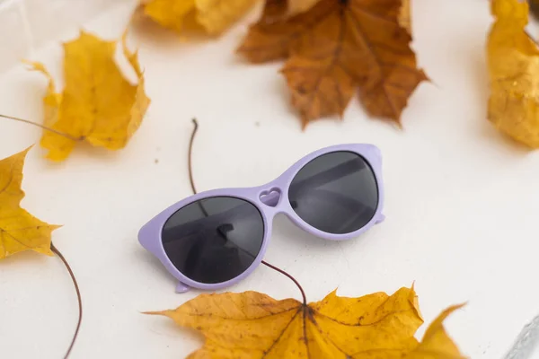 Okulary Słoneczne Suchy Liść Jesieni Koncepcja Jesieni — Zdjęcie stockowe